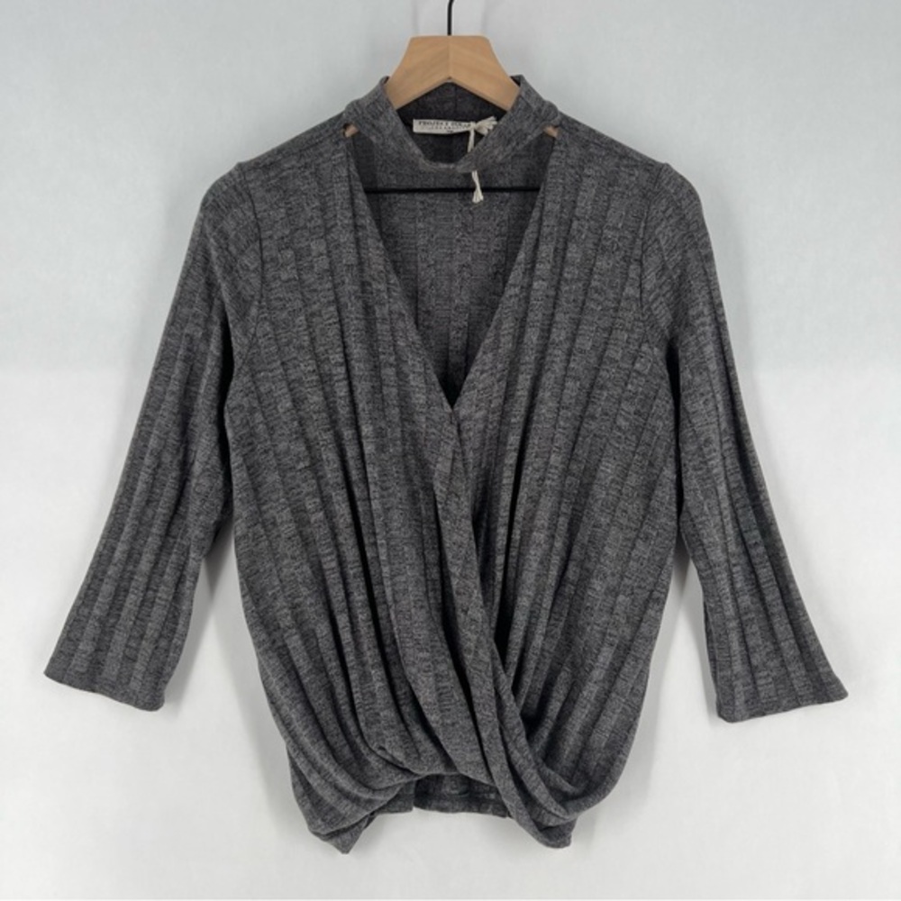 Project Social T Soft Ribbed Mock Cutout V‎ Neck Faux Wrap 3/4 Sleeve Top